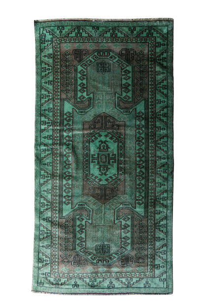 Vintage Turkish (3x6) Emerald Green Hand-Knotted Wool Rug