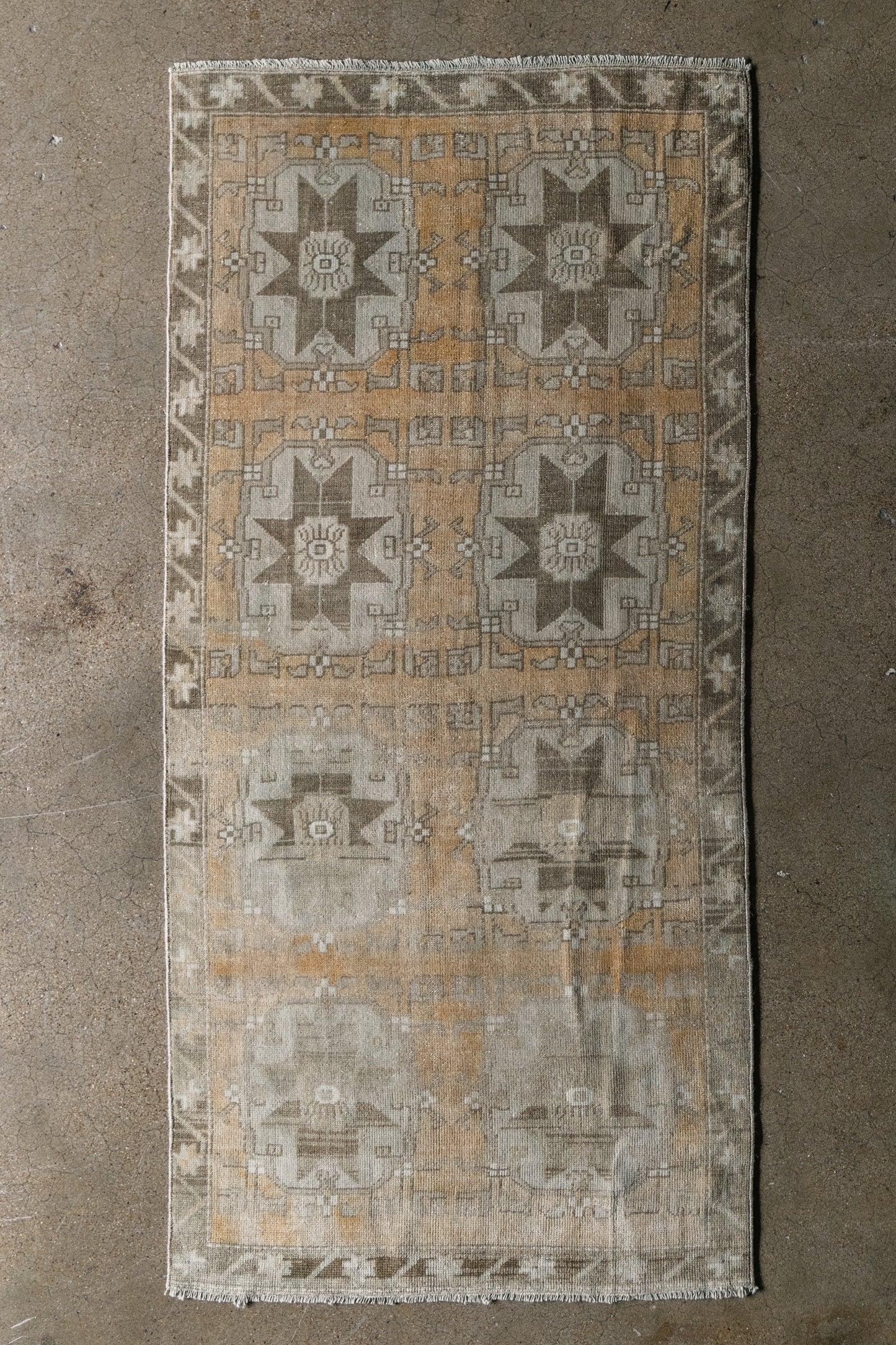 Vintage Turkish (3x7) Faded Amber and Ivory Hand-Knotted Wool Rug
