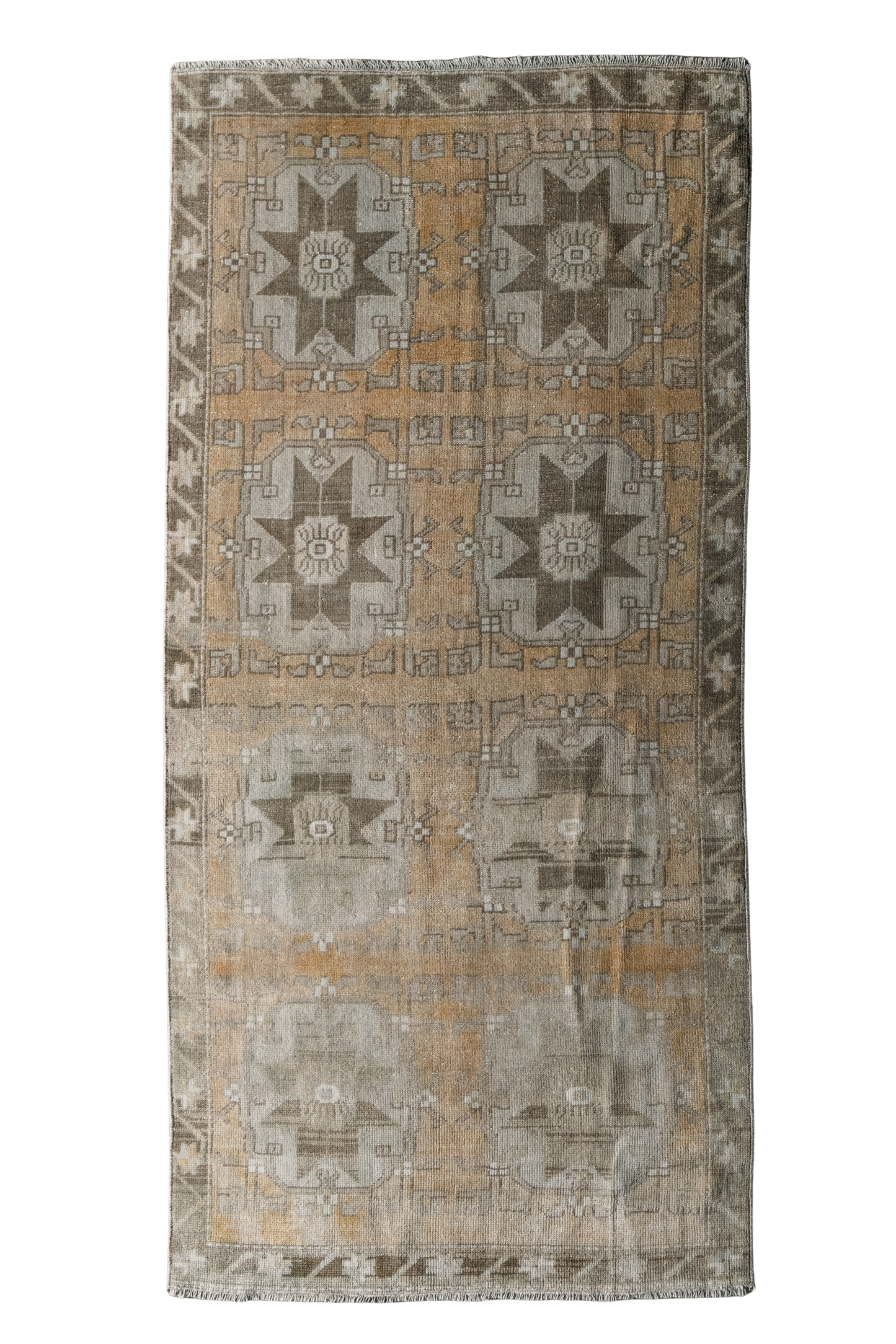 Vintage Turkish (3x7) Faded Amber and Ivory Hand-Knotted Wool Rug