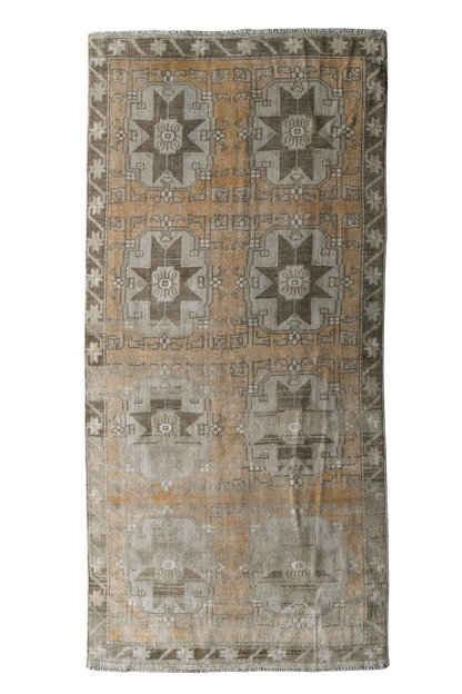 Vintage Turkish (3x7) Faded Amber and Ivory Hand-Knotted Wool Rug