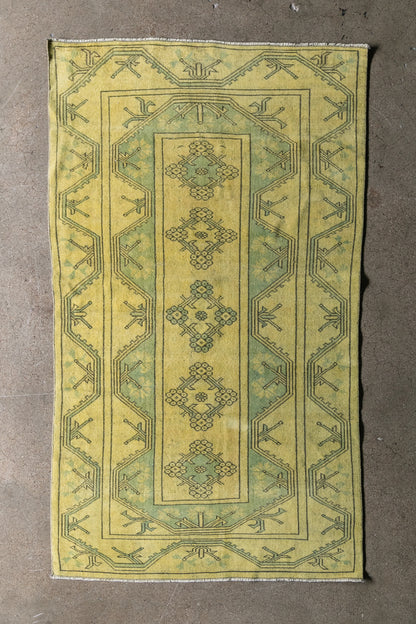 Vintage Turkish (4x6) Chartreuse Hand-Knotted  Wool Rug