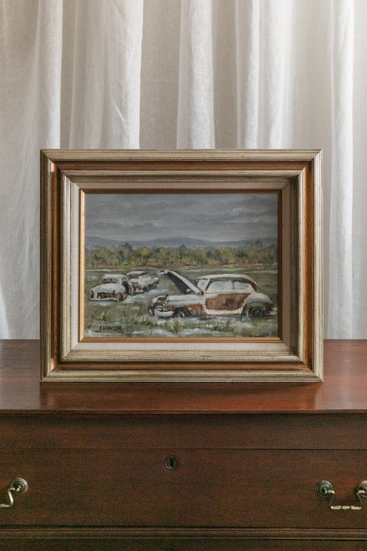 Oil Painting, Landscape with Old Cars