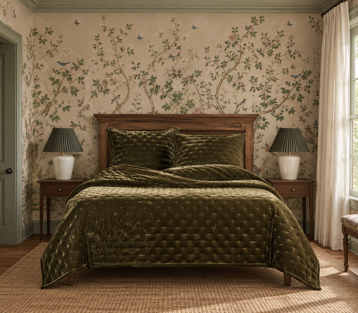 Quilted Faux Silk Bedding, Dark Olive